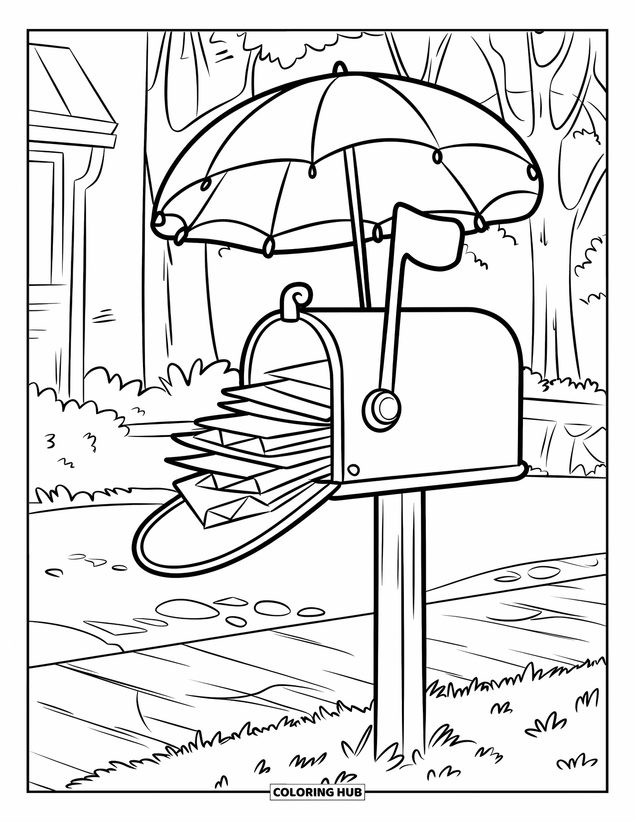Umbrella Coloring Page for Kids: A mailbox overflowing with letters stands under an umbrella beside a path and trees