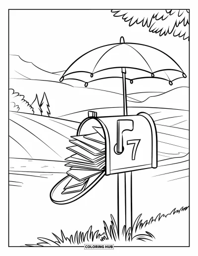 Coloriage de parapluie pour enfants : Une boîte aux lettres numérotée 7 se trouve sous un parapluie parmi des collines et des arbres