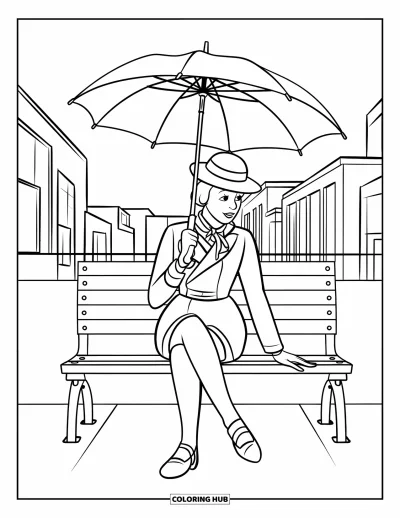 Coloriage de parapluie pour enfants : Une personne en tenue rétro se détend sur un banc avec un parapluie près d'immeubles modernes