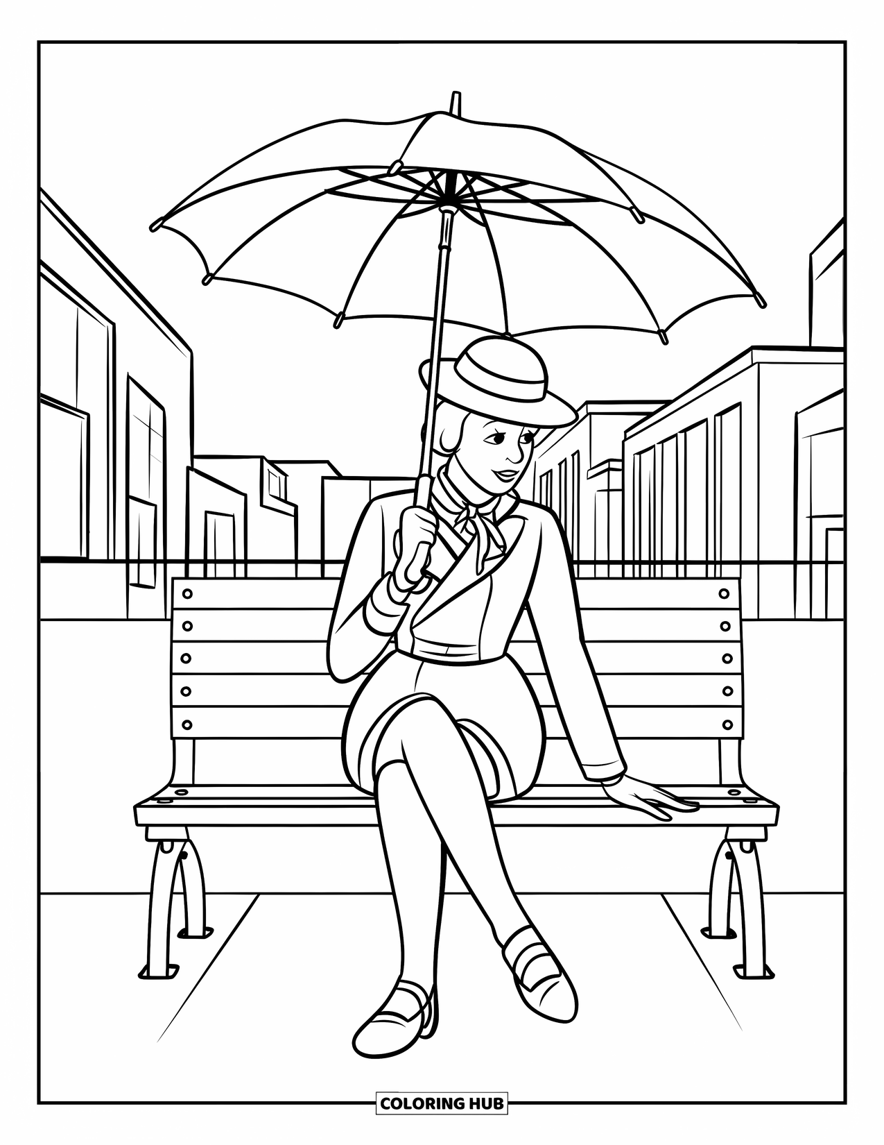 Umbrella Coloring Page for Kids: A person in vintage clothes relaxes on a bench with an umbrella near modern buildings