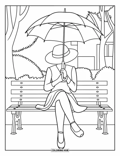 Coloriage de parapluie pour enfants : Une personne coiffée d'un chapeau est assise sur un banc avec un parapluie près d'arbres et d'un bâtiment