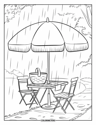 Coloriage de parapluie pour enfants : Une table de pique-nique avec des chaises est installée sous un grand parapluie pendant une bruine près d'un chemin forestier