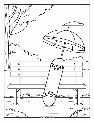 Coloriage de parapluie pour enfants : Un skateboard est garé à côté d'un parapluie près d'un banc et d'un arbre sous un ciel nuageux