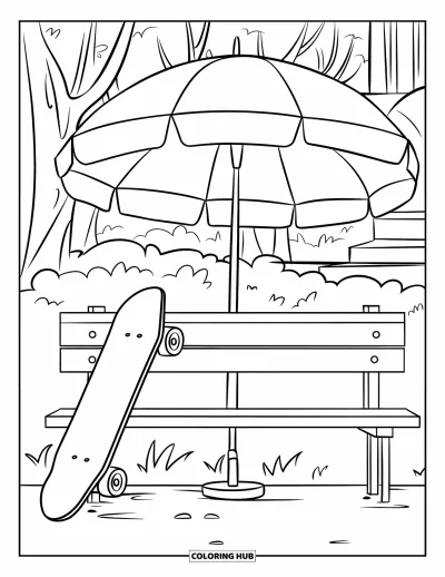 Coloriage de parapluie pour enfants : Un skateboard repose à côté d'un parapluie près d'un banc de parc avec des arbres et un bâtiment au loin