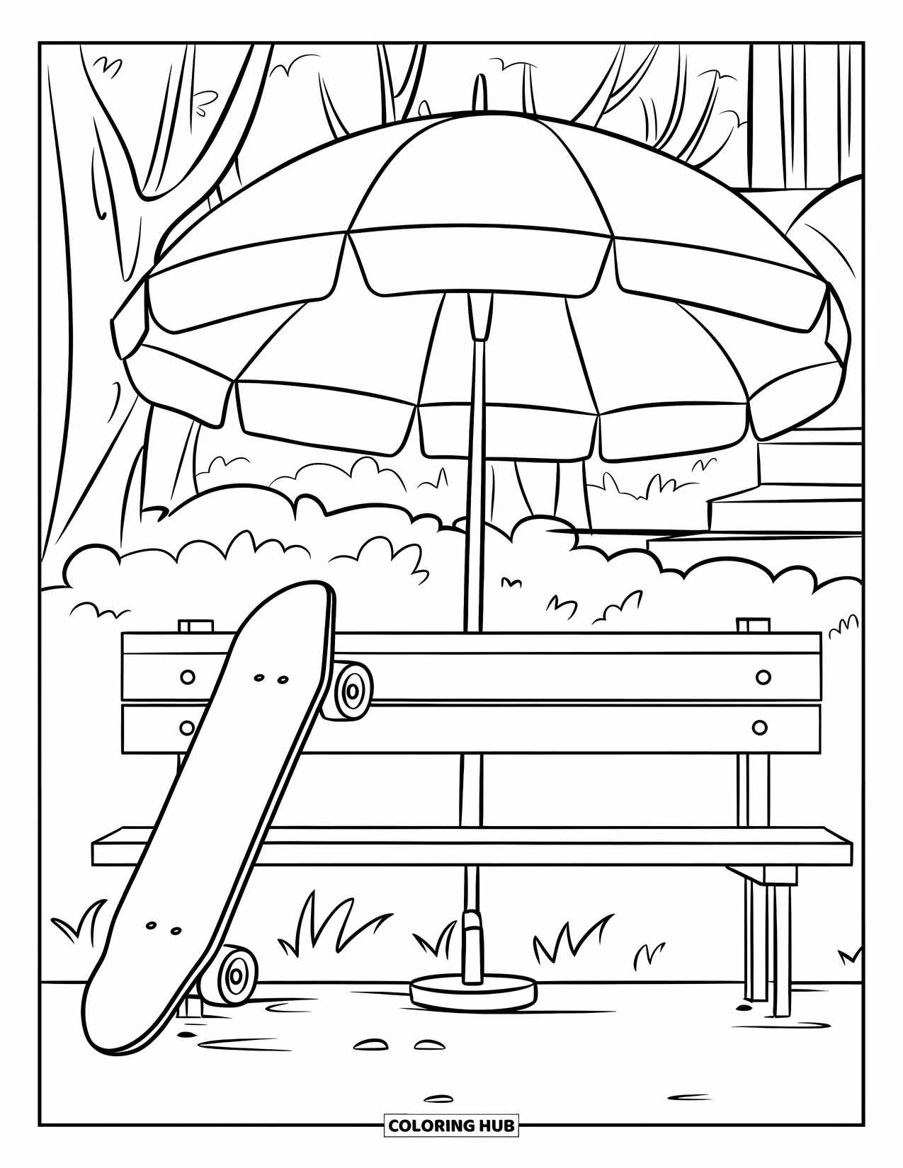 Umbrella Coloring Page for Kids: A skateboard lies beside an umbrella near a park bench with trees and a distant building