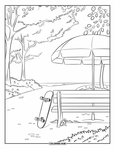 Coloriage de parapluie pour enfants : Un skateboard repose à côté d'un parapluie ouvert le long d'une allée bordée d'arbres près d'un banc de parc