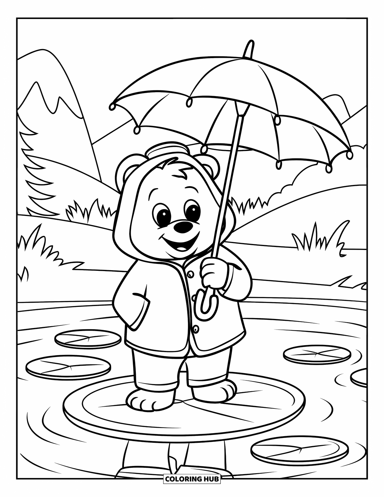 Umbrella Coloring Page for Kids: A smiling bear stands on a lily pad with an umbrella near mountains and trees