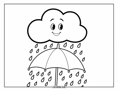 Coloriage de parapluie pour enfants : Un nuage souriant fait tomber de douces gouttes de pluie sur un parapluie sous un ciel dégagé