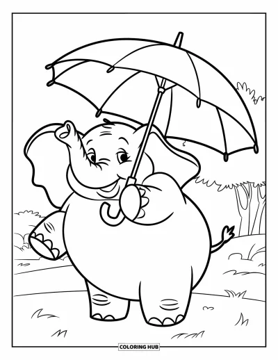 Coloriage de parapluie pour enfants : Un éléphant souriant tient un parapluie avec sa trompe debout dans un champ herbeux