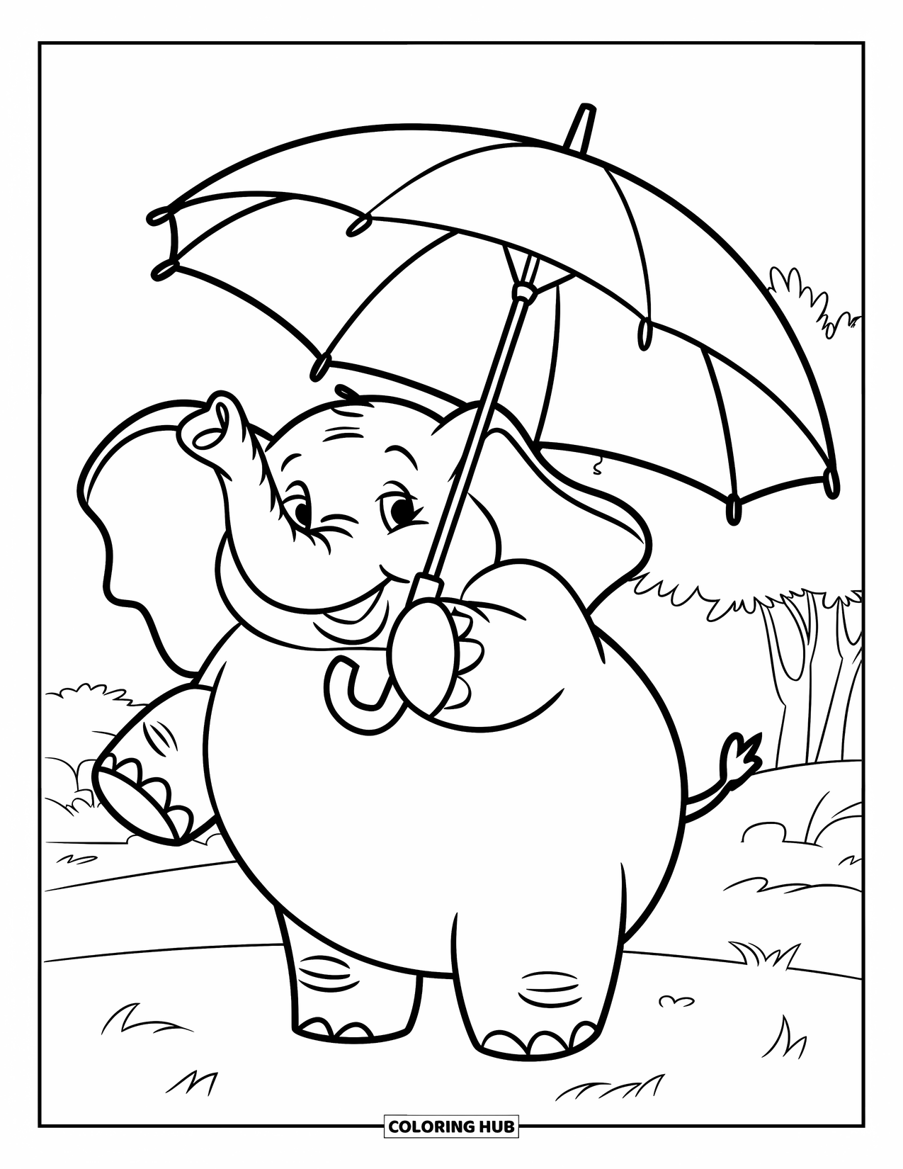 Umbrella Coloring Page for Kids: A smiling elephant holds an umbrella with its trunk while standing on a grassy field