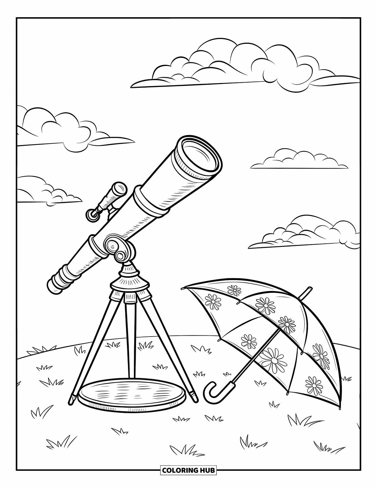 Umbrella Coloring Page for Kids: A telescope stands beside a floral umbrella under a sky filled with clouds
