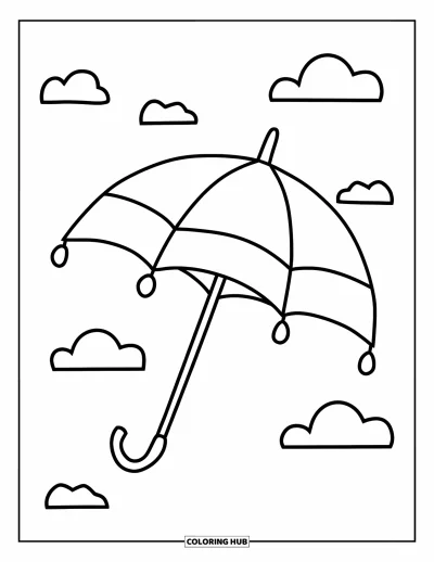 Coloriage de parapluie pour enfants : Un parapluie vole dans le vent sous un ciel aux nuages moelleux