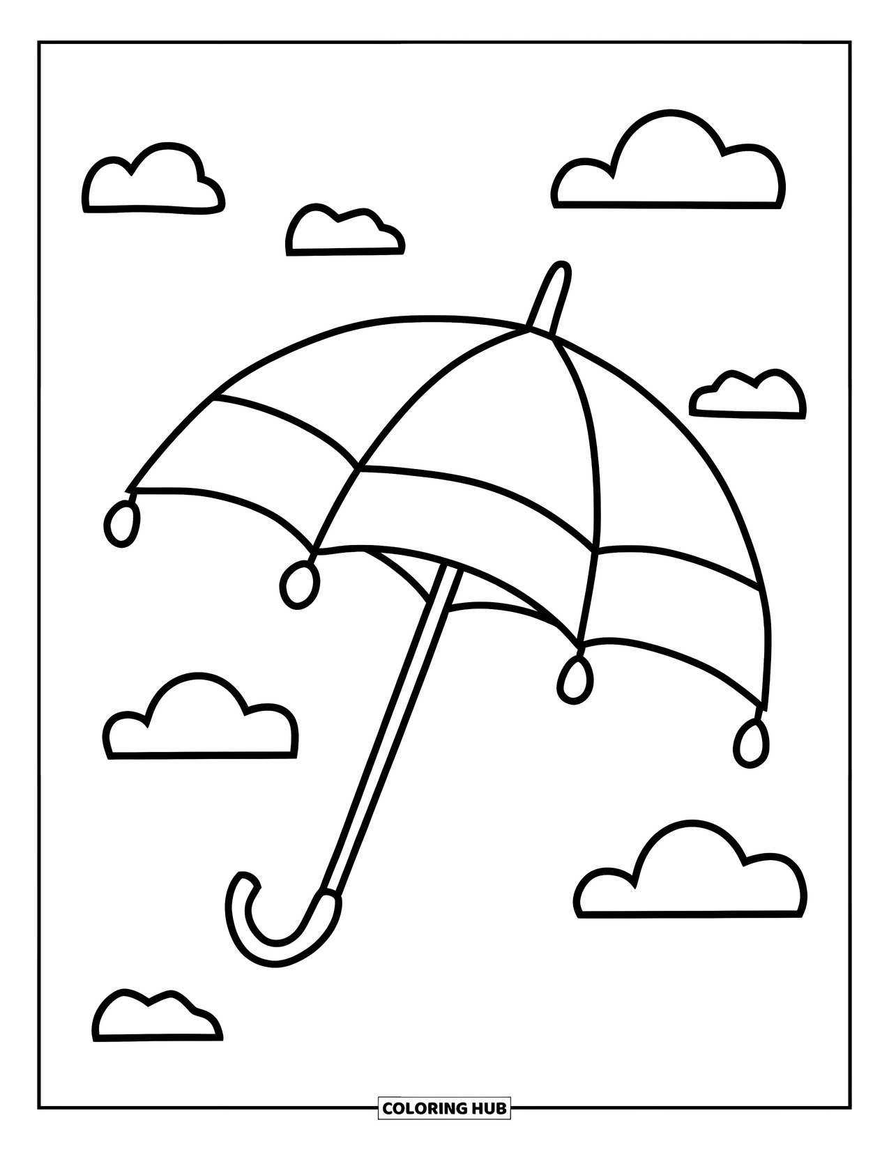 Umbrella Coloring Page for Kids: An umbrella floats in the wind beneath a sky with fluffy clouds