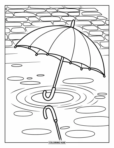 Coloriage de parapluie pour enfants : Un parapluie repose dans une flaque avec des ondulations sur une rue pavée