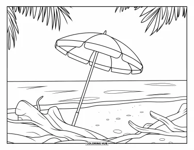 Coloriage de parapluie pour enfants : Un parapluie repose sur la plage près de bois flotté avec l'océan et le ciel en arrière-plan