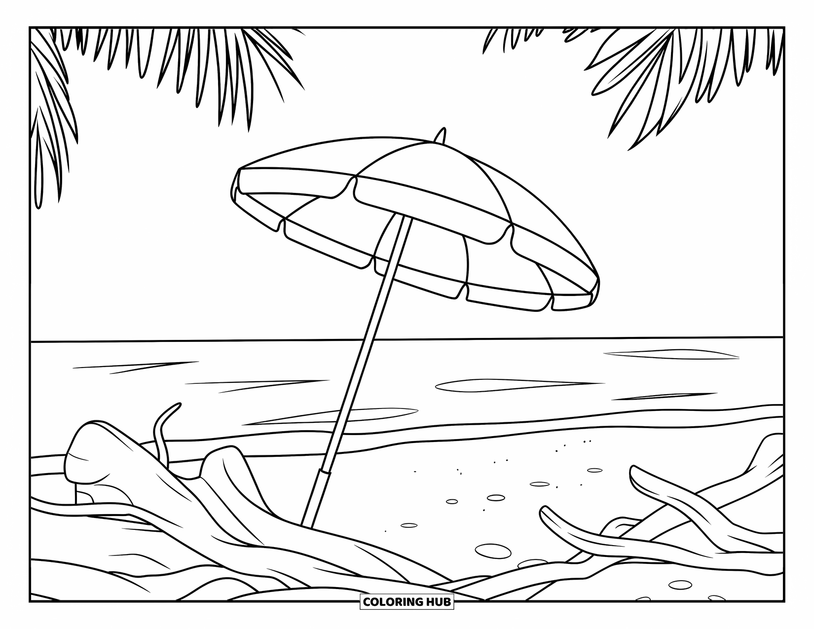 Umbrella Coloring Page for Kids: An umbrella rests on the beach near driftwood with ocean and sky in the background