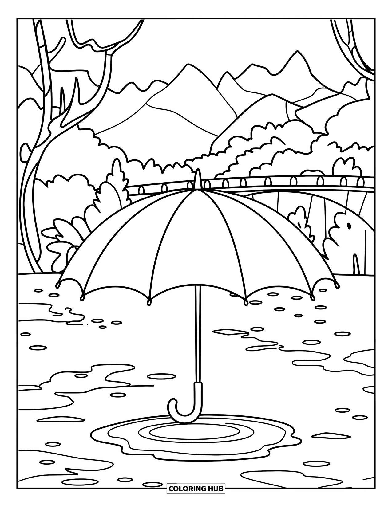 Umbrella Coloring Page for Kids: An umbrella stands in a puddle near a peaceful bridge and mountain scenery