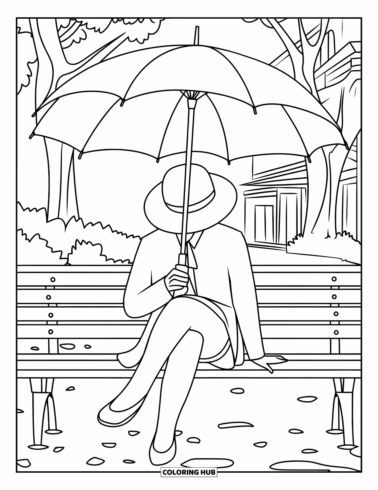 Umbrella Coloring Page for Kids: Someone with a hat sits cross-legged under an umbrella near trees and tall buildings