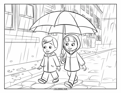 Coloriage de parapluie pour enfants : Deux enfants en imperméable marchent sur un chemin pavé avec des gouttes de pluie tout autour