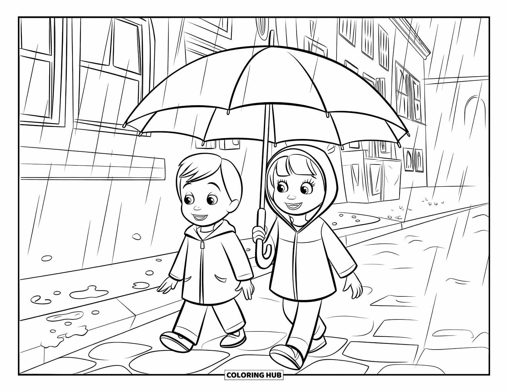 Umbrella Coloring Page for Kids: Two kids in raincoats walk on a cobblestone path with raindrops falling around them