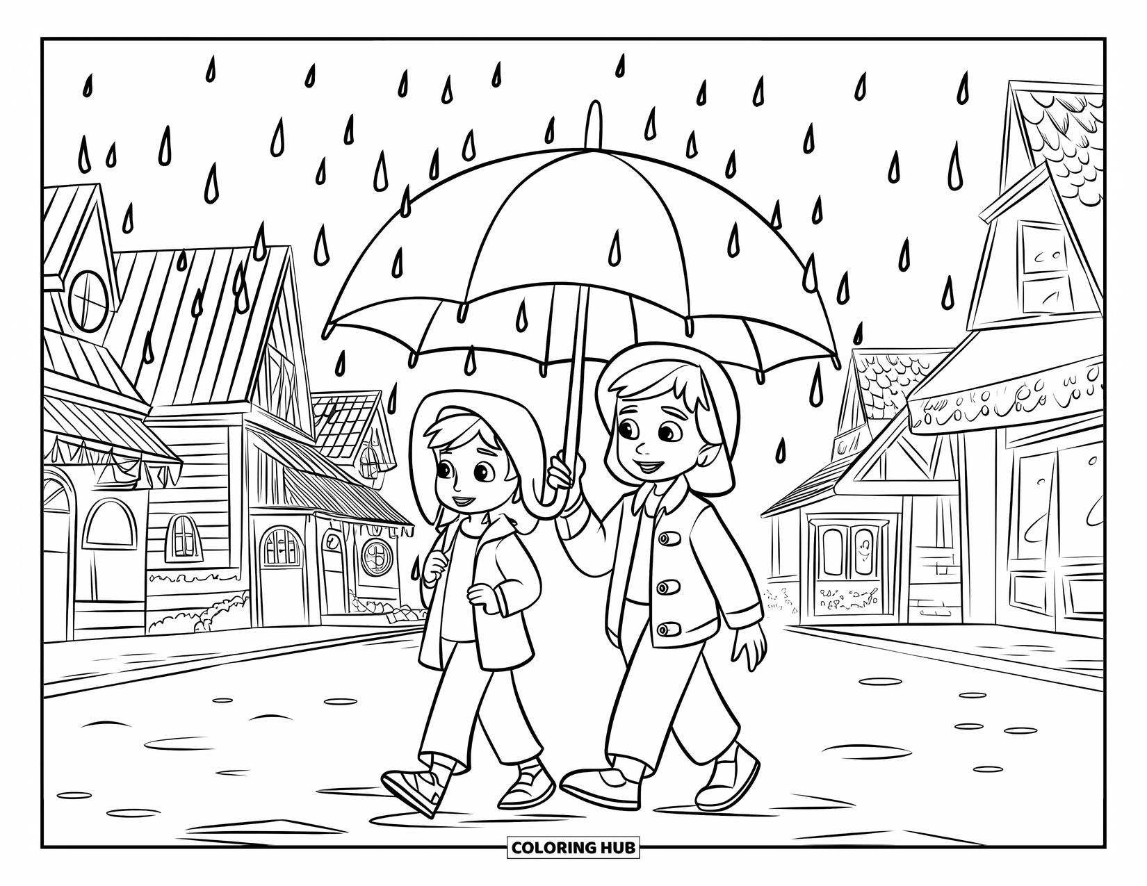 Umbrella Coloring Page for Kids: Two kids walk in the rain under an umbrella in a quaint town with buildings