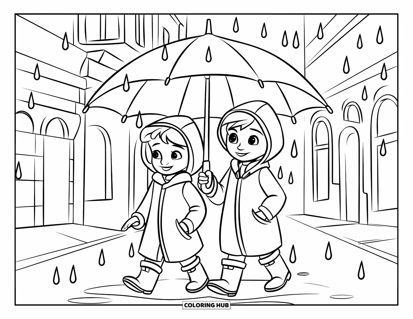Umbrella Coloring Page for Kids: Two kids walk under an umbrella in the rain near buildings with arched windows