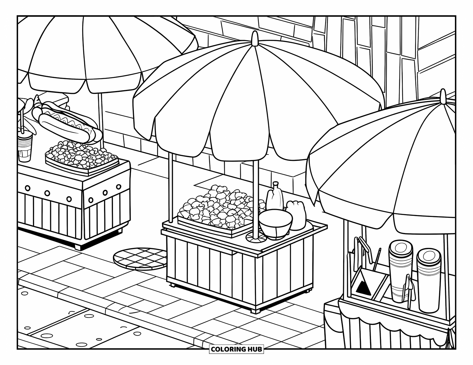 Umbrella Coloring Page for Kids: Umbrellas cover snack vendors with unique designs on a brick-paved sidewalk