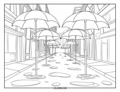 Coloriage de parapluie pour enfants : Des parapluies sont éparpillés sur une promenade urbaine mouillée entre des rangées de grands immeubles