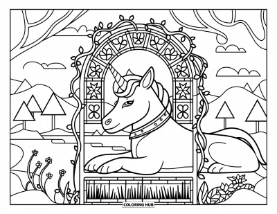 Coloriage de chien licorne pour adultes : Chien licorne sous une arche de lianes avec des carreaux de vitrail et des fleurs sauvages