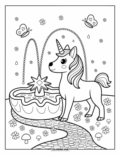 Coloriage de chien licorne pour adultes : Chien licorne près d'une fontaine aux jets d'eau enchantés et à des papillons ailés de cœurs