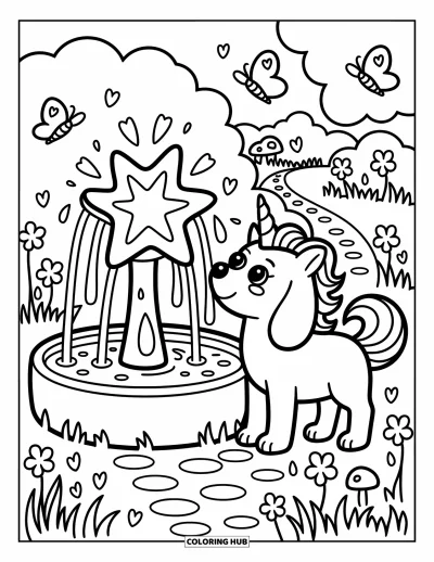 Coloriage de chien licorne pour adultes : Chien licorne observant curieusement une fontaine étoilée avec des trèfles, des papillons et un chemin pavé