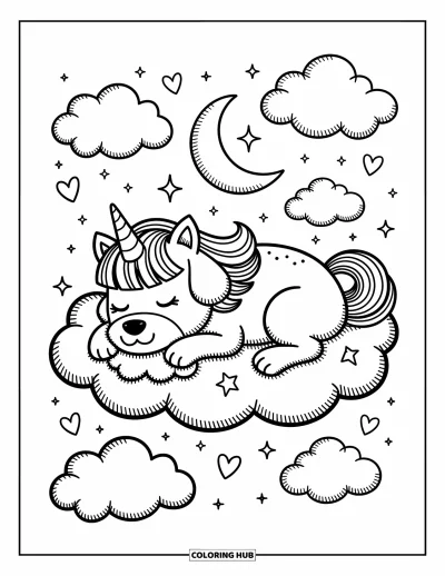 Coloriage de chien licorne pour adultes : Chien licorne lové sur des nuages moelleux avec des découpes en étoile et un croissant de lune
