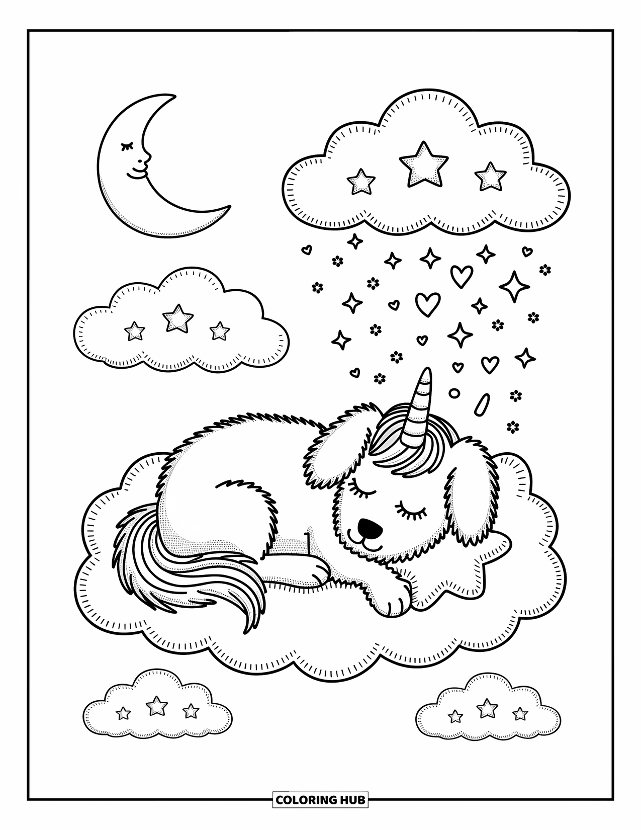 Unicorn Dog Coloring Page for Adults: Unicorn dog curled on soft clouds with star cutouts, sparkles, and a crescent moon