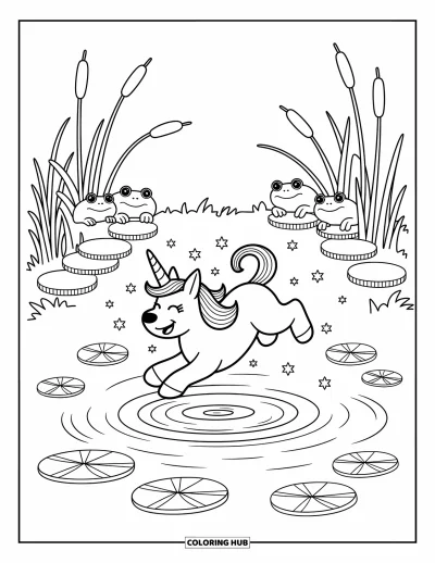 Coloriage de chien licorne pour adultes : Chien licorne sautant joyeusement dans un étang avec des nénuphars et des grenouilles curieuses