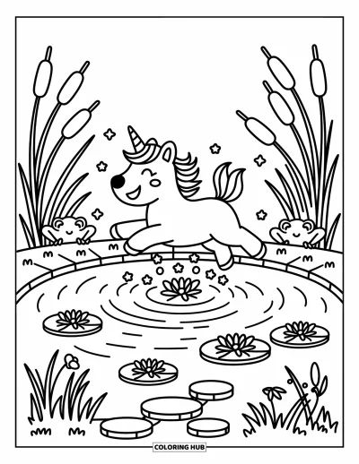 Coloriage de chien licorne pour adultes : Chien licorne bondissant dans un étang avec des grenouilles, des massettes et des ondulations étoilées