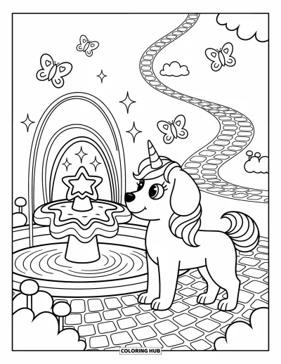 Coloriage de chien licorne pour adultes : Chien licorne près d'une fontaine aux jets d'eau en étoile et à des papillons virevoltants