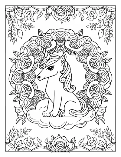 Coloriage de chien licorne pour adultes : Chien licorne sur un nuage avec des roses, des lianes et des détails de mandala