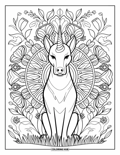 Coloriage de chien licorne pour adultes : Chien licorne dans l'herbe entouré de fleurs et de lianes de mandala botanique