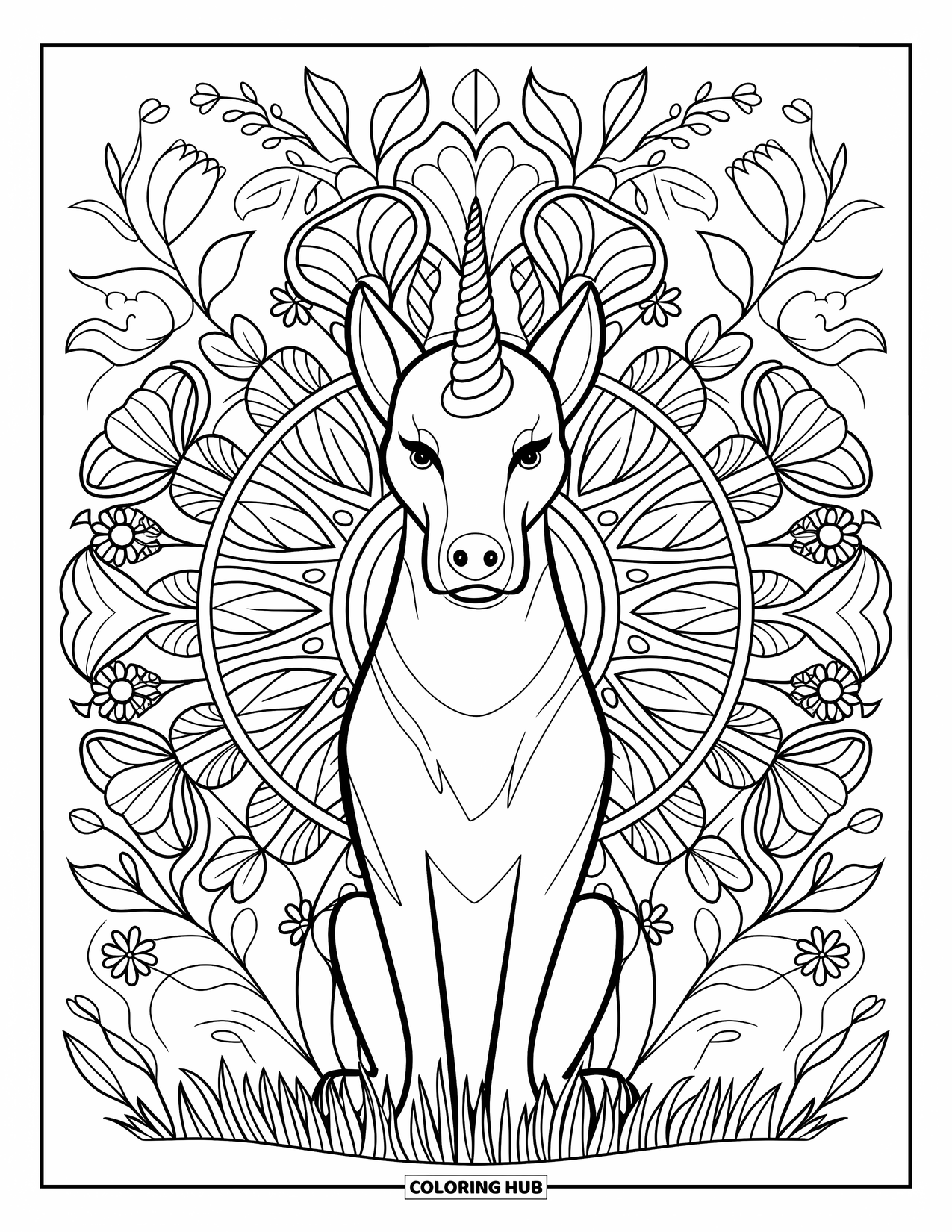 Unicorn Dog Coloring Page for Adults: Unicorn dog on grass surrounded by flowers and botanical mandala vines