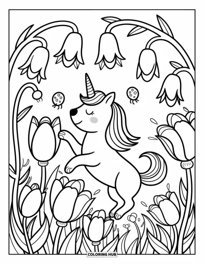 Coloriage de chien licorne pour adultes : Chien licorne perché joyeusement parmi de grandes fleurs et des coccinelles sur des lianes enroulées