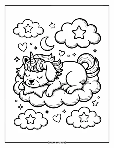 Coloriage de chien licorne pour adultes : Chien licorne au repos sur des nuages avec un oreiller étoilé, des cœurs et une lune lumineuse
