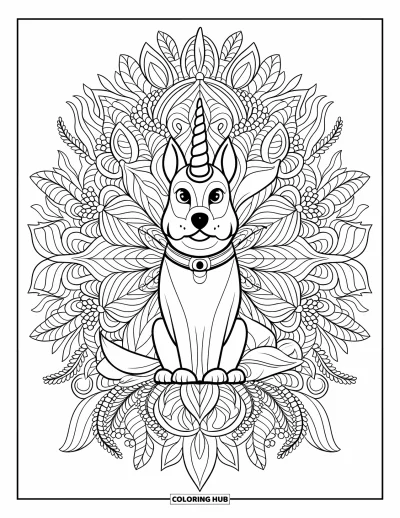Coloriage de chien licorne pour adultes : Chien licorne au centre d'un mandala botanique aux motifs floraux