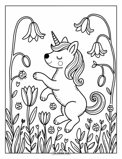 Coloriage de chien licorne pour adultes : Chien licorne assis dans un parterre de fleurs avec des fleurs, des lianes et des coccinelles