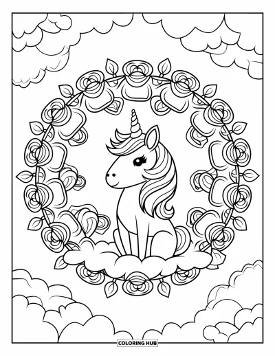 Coloriage de chien licorne pour adultes : Chien licorne assis sur un nuage entouré de roses et de lianes de mandala