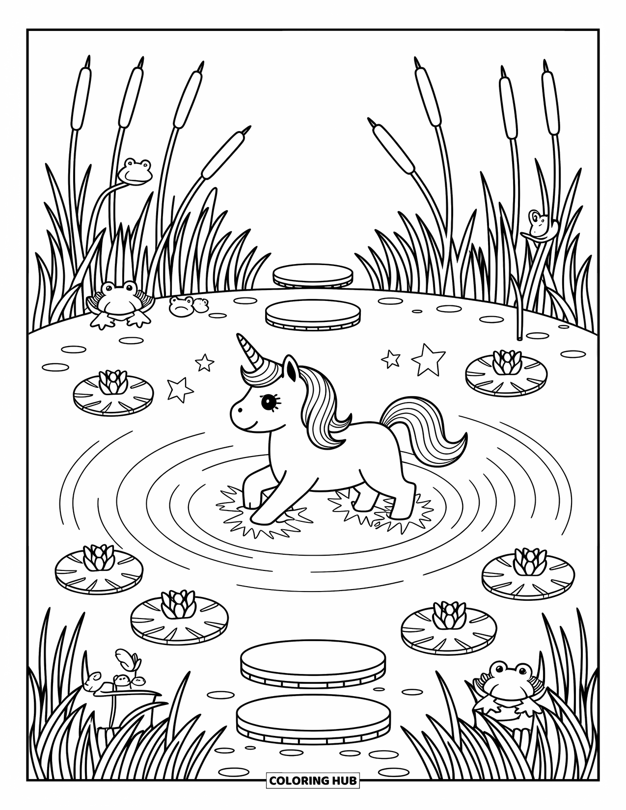 Unicorn Dog Coloring Page for Adults: Unicorn dog splashing in a pond with star-shaped ripples and lily pads