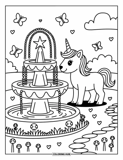 Coloriage de chien licorne pour adultes : Chien licorne près d'une fontaine en étoile avec des papillons et des champignons
