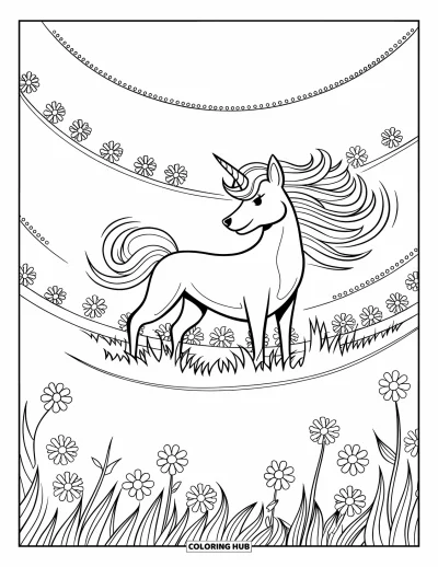 Coloriage de chien licorne pour adultes : Chien licorne debout dans un champ avec des fleurs superposées et des spirales