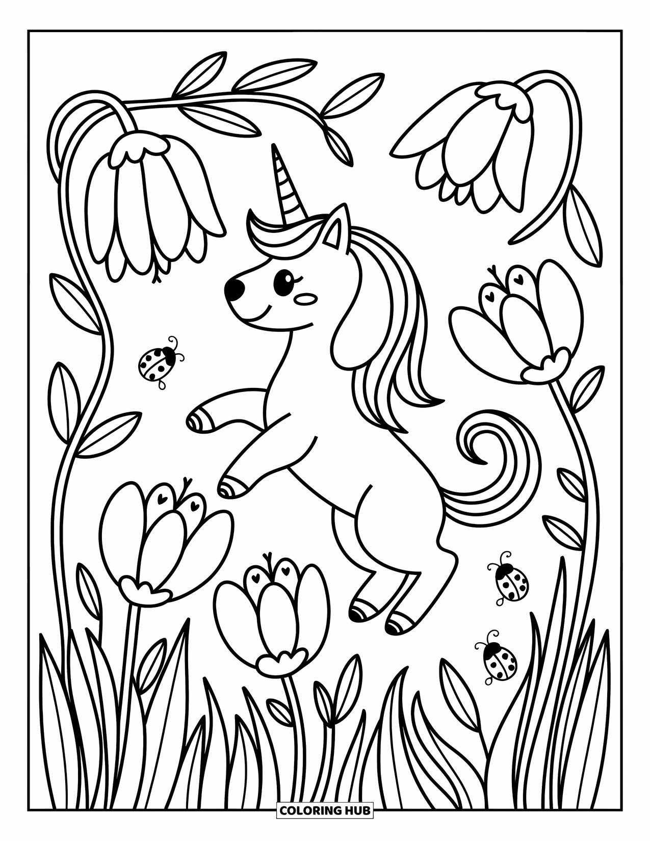 Unicorn Dog Coloring Page for Adults: Unicorn dog tapping a flower petal surrounded by blossoms and heart-spotted ladybugs