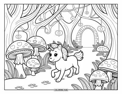 Coloriage de chien licorne pour adultes : Chien licorne trottant sur un chemin forestier avec de grands champignons et des arbres en forme de cœur