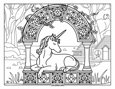 Coloriage de chien licorne pour adultes : Chien licorne sous une arche de lianes avec un vitrail et un paysage de chaumière